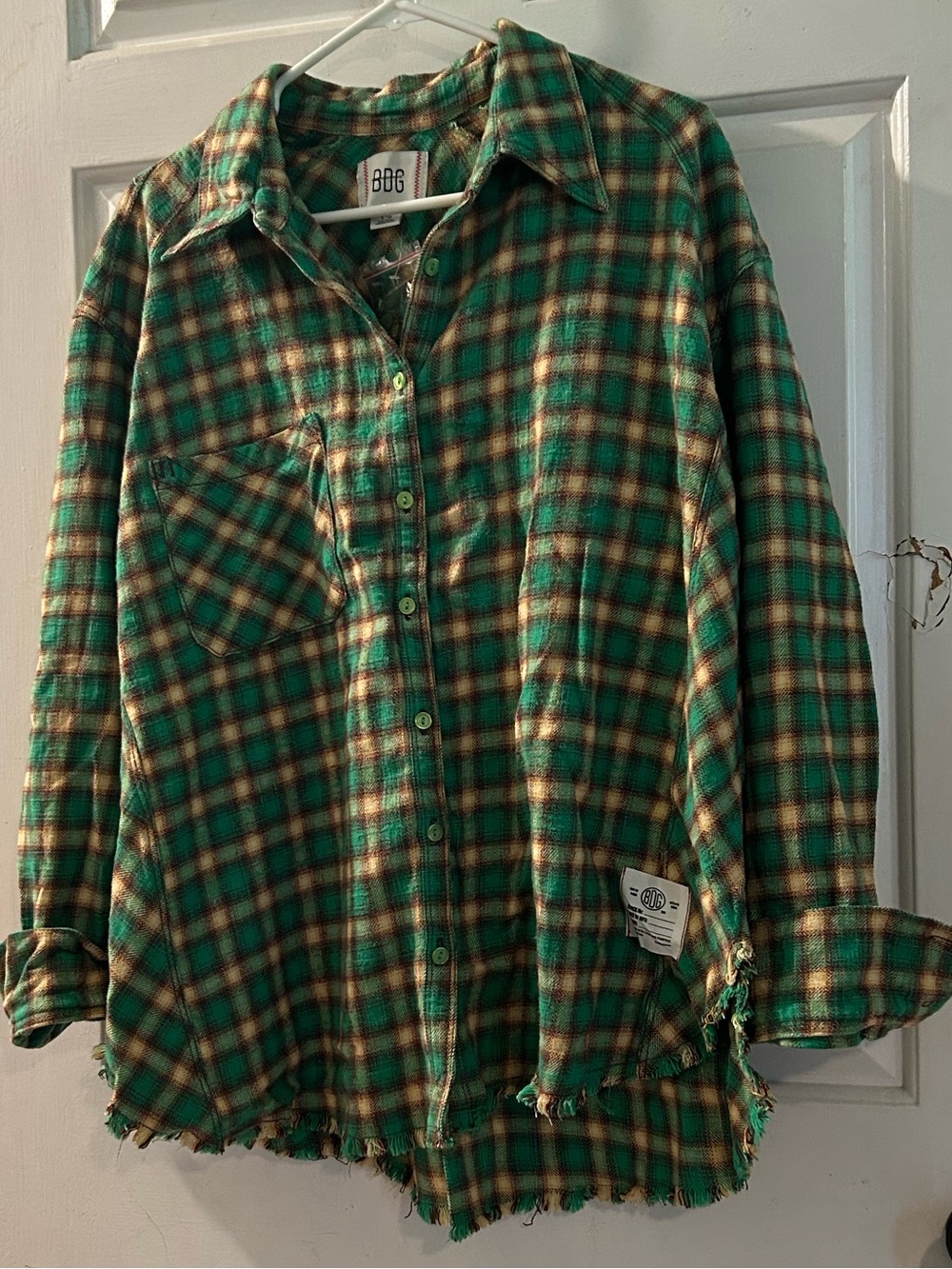 BDG Green and Brown Plaid Button-Up Sweater Shirt